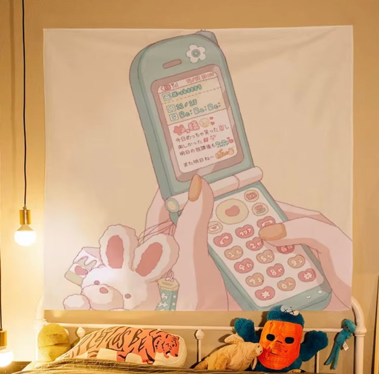 pink wall tapestry - Japanese phone / Small (39.4 x 29.5 inches)